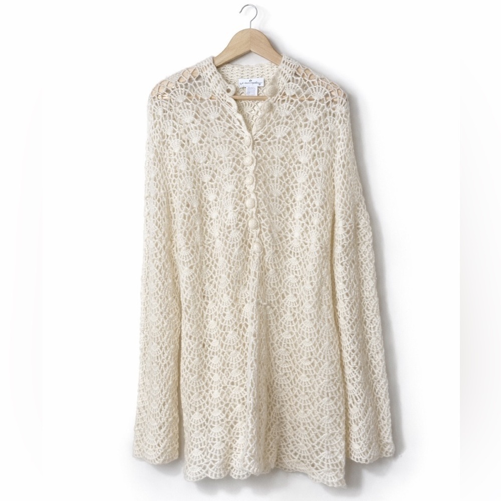 Soft Surroundings Ivory White Open Crochet Knit Scallop Button Tunic Top Sweater